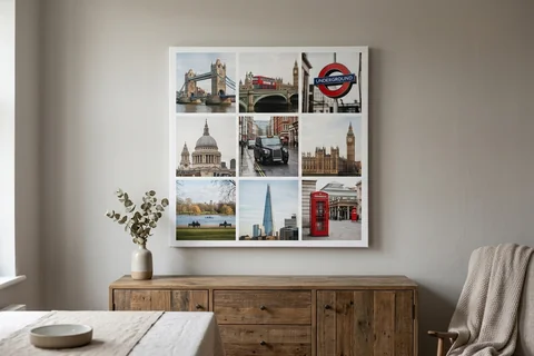 canvas collage print london – a collage canvas of nine small London scenes in a nine-photo grid hung above a sideboard