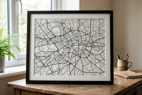 london city map poster – a framed minimalist black-and-white street map poster of central London on a desk