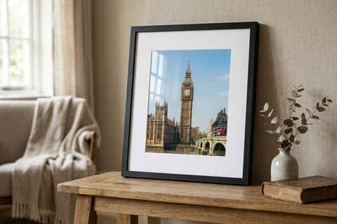 framed photo print london – a framed print of Big Ben and the Houses of Parliament with a white mount and black frame standing on a console table