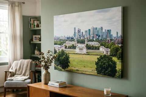large canvas print london – a very large canvas of Greenwich Park looking towards Canary Wharf dominating a living room wall