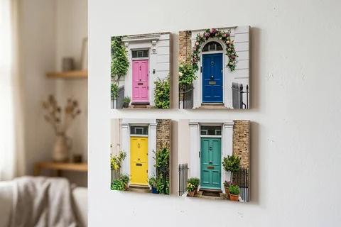 mixpix photo tiles london – four 20×20 cm photo tiles of Notting Hill doorways arranged in a cluster on a white wall with no visible fixings