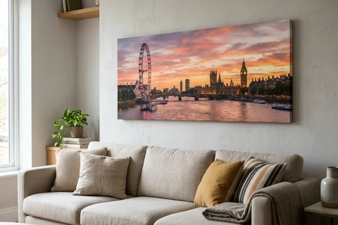 panoramic canvas print london – a wide panoramic canvas of the Thames from Waterloo Bridge at sunset hung above a long sofa