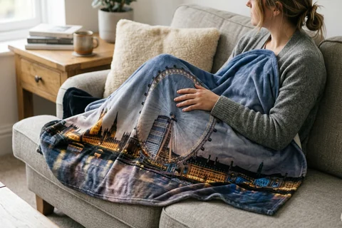 photo blanket london – a plush blanket printed edge to edge with the London Eye at night draped over a sofa