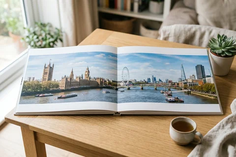 photo book london – an open layflat photo book showing a panorama of the Thames skyline across the double-page spread