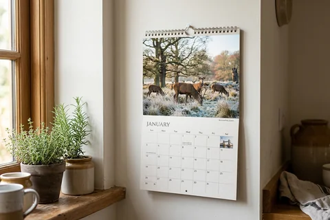 photo calendar london – a spiral-bound wall calendar open on a month showing Richmond Park deer, hanging in a kitchen