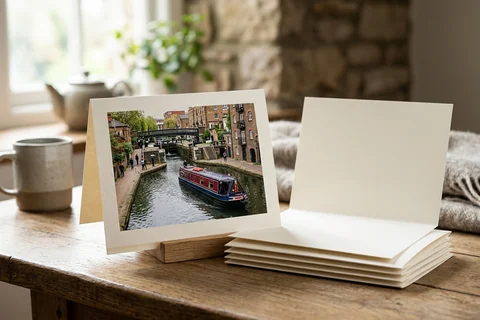 photo cards london – a stack of folded greetings cards with a photograph of a Camden canal on the front, one propped open