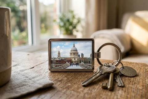 photo keyring london – a rectangular photo keyring showing St Paul's Cathedral beside a set of keys