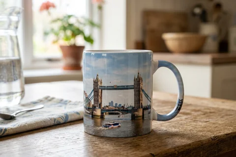 photo mug london – a ceramic mug with a wrap-around print of the Tower Bridge skyline on a kitchen table