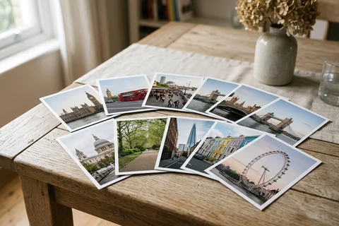 photo prints london – a loose fan of 10×15 cm photo prints of London street scenes on a pale wooden table