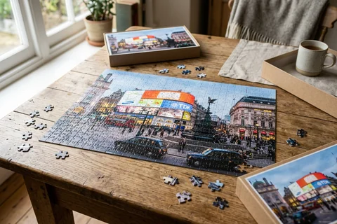 photo puzzle london – a partly completed jigsaw puzzle of Piccadilly Circus lights on a wooden table