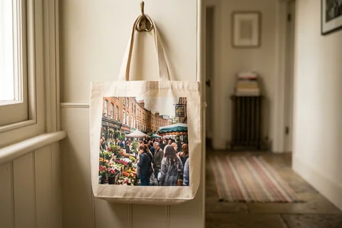 photo tote bag london – a cloth tote bag printed with a photograph of Columbia Road flower market hanging on a hallway hook