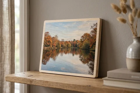 photo print on wood london – a wood print of a Hampstead Heath pond in autumn with the grain visible through the image, leaning on a shelf