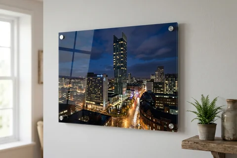 acrylic photo print manchester – a glossy acrylic print of the Beetham Tower skyline at night mounted off a pale wall