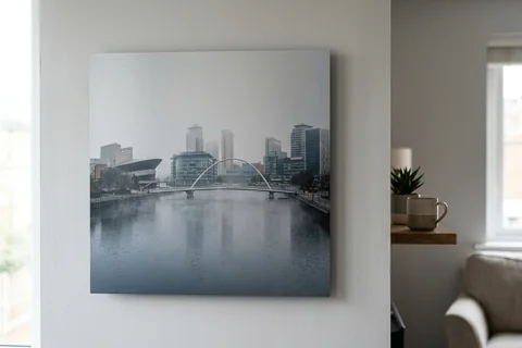 aluminium photo print manchester – a matte aluminium panel print of Salford Quays in morning mist mounted flush on a grey wall