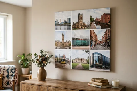 canvas collage print manchester – a collage canvas of nine small Manchester scenes in a nine-photo grid hung above a sideboard