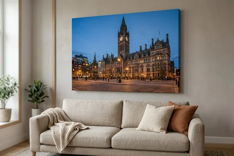 canvas print manchester – a gallery-wrapped canvas print of Manchester Town Hall at dusk hung above a sofa