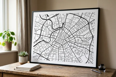 manchester city map poster – a framed minimalist black-and-white street map poster of the city centre on a desk