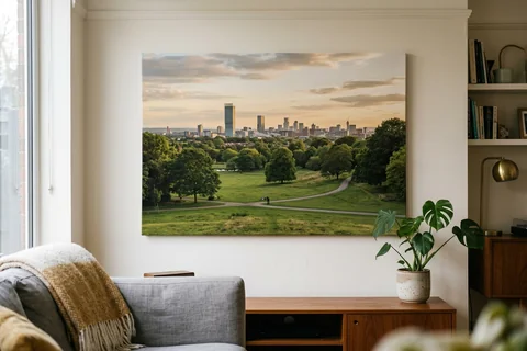 large canvas print manchester – a very large canvas of Heaton Park looking towards the city dominating a living room wall