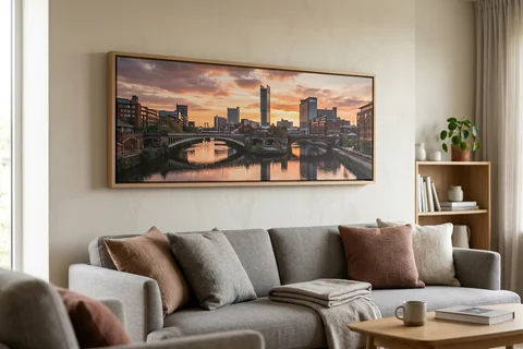 panoramic canvas print manchester – a wide panoramic canvas of the Irwell at sunset hung above a long sofa