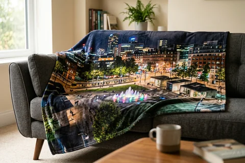 photo blanket manchester – a plush blanket printed edge to edge with Piccadilly Gardens at night draped over a sofa
