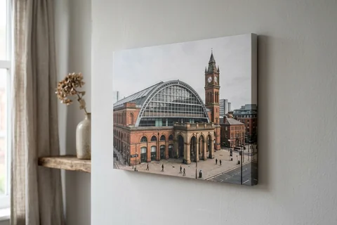 photo board print manchester – a frameless matte photo board of the Manchester Central arches hanging flush on a pale wall