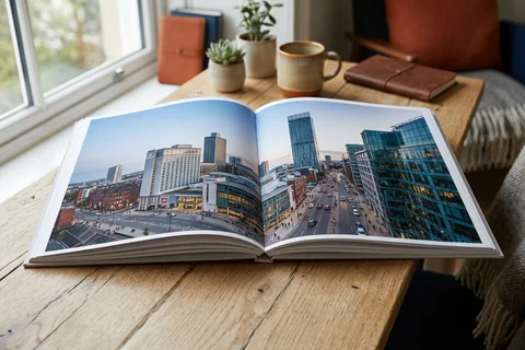 photo book manchester – an open layflat photo book showing a panorama of the Deansgate skyline across the double-page spread