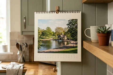 photo calendar manchester – a spiral-bound wall calendar open on a month showing Platt Fields Park, hanging in a kitchen