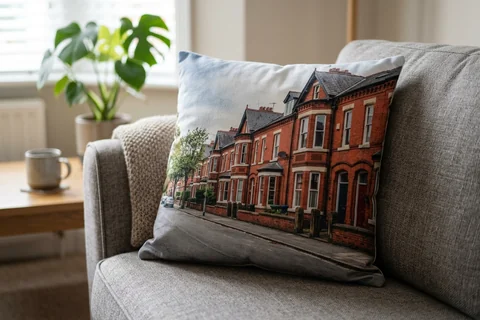 photo cushion manchester – a plush square cushion printed borderless with a red-brick Chorlton terrace on a grey sofa