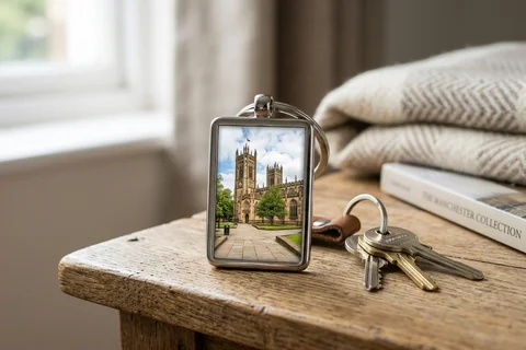 photo keyring manchester – a rectangular photo keyring showing Manchester Cathedral beside a set of keys