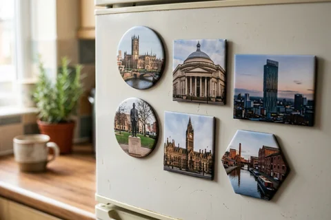 mixmags photo magnets manchester – several photo magnets of Manchester landmarks in different shapes on a fridge door
