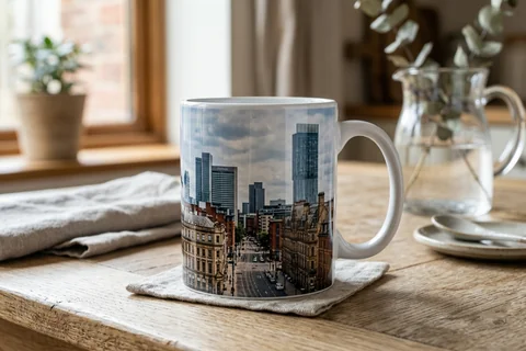 photo mug manchester – a ceramic mug with a wrap-around print of the Deansgate skyline on a kitchen table