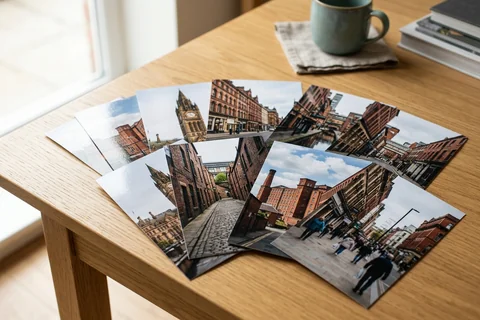 photo prints manchester – a loose fan of 10×15 cm photo prints of Manchester street scenes on a pale wooden table