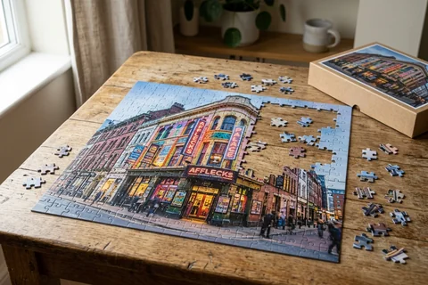 photo puzzle manchester – a partly completed jigsaw puzzle of Afflecks and its neon on a wooden table