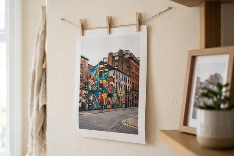 poster print manchester – an unframed poster print of a Northern Quarter mural pinned to a pale wall