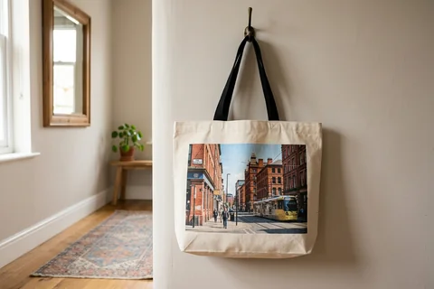 photo tote bag manchester – a cloth tote bag printed with a photograph of the Northern Quarter hanging on a hallway hook