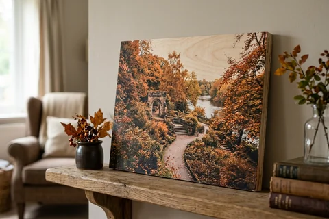 photo print on wood manchester – a wood print of Fletcher Moss Gardens in autumn with the grain visible through the image, leaning on a shelf