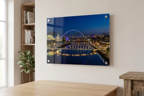 acrylic photo print newcastle – a glossy acrylic print of the Quayside skyline at night mounted off a pale wall