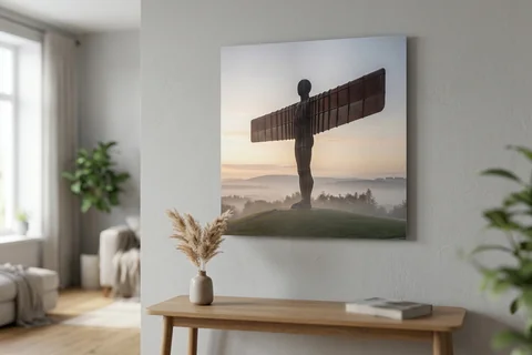 aluminium photo print newcastle – a matte aluminium panel print of the Angel of the North in morning mist mounted flush on a grey wall