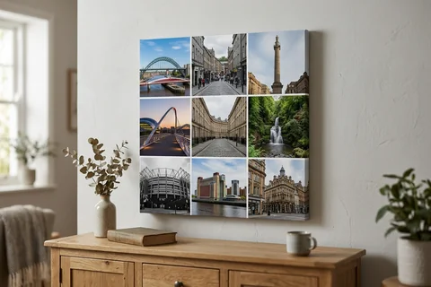 canvas collage print newcastle – a collage canvas of nine small Newcastle scenes in a nine-photo grid hung above a sideboard
