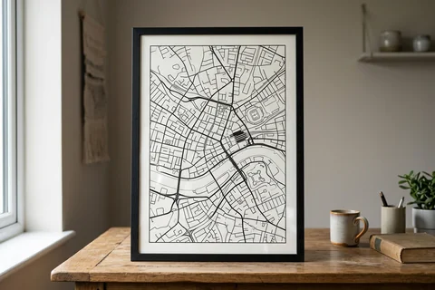 newcastle city map poster – a framed minimalist black-and-white street map poster of the city centre on a desk