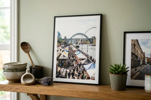 framed photo board newcastle – a slim-framed photo board of the Quayside Sunday market standing on a kitchen shelf