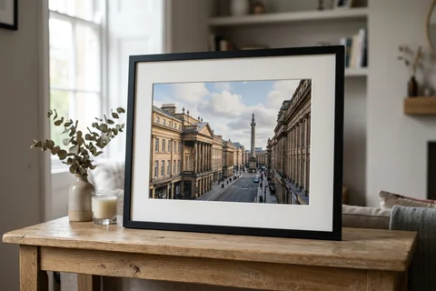 framed photo print newcastle – a framed print of Grey Street's curve with a white mount and black frame standing on a console table
