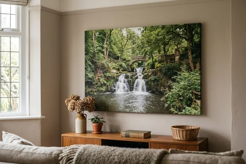 large canvas print newcastle – a very large canvas of Jesmond Dene looking towards the waterfall dominating a living room wall