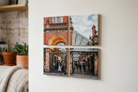 mixpix photo tiles newcastle – four 20×20 cm photo tiles of Grainger Market entrance arranged in a cluster on a white wall with no visible fixings