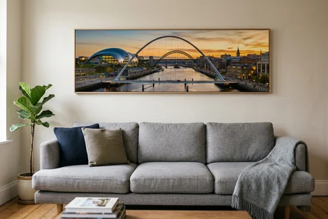 panoramic canvas print newcastle – a wide panoramic canvas of the Tyne from the Quayside at sunset hung above a long sofa
