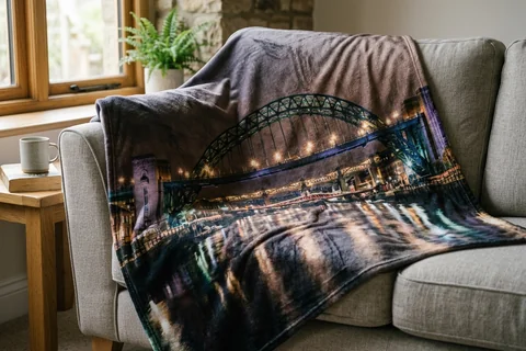 photo blanket newcastle – a plush blanket printed edge to edge with the Tyne Bridge lit at night draped over a sofa