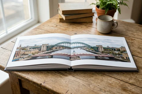 photo book newcastle – an open layflat photo book showing a panorama of the Quayside bridges across the double-page spread