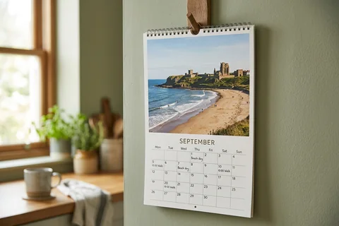 photo calendar newcastle – a spiral-bound wall calendar open on a month showing Tynemouth Longsands, hanging in a kitchen