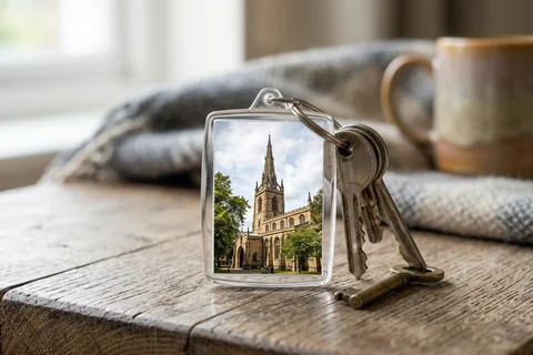 photo keyring newcastle – a rectangular photo keyring showing St Nicholas' Cathedral beside a set of keys