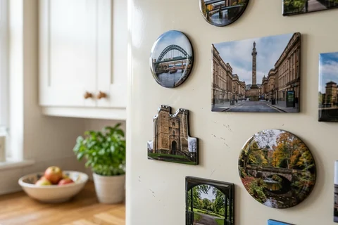 mixmags photo magnets newcastle – several photo magnets of Newcastle landmarks in different shapes on a fridge door